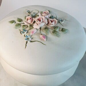 Vtg Capodimonte Trinket Box Lidded Jar Lefton China Jewelry Box Floral Details